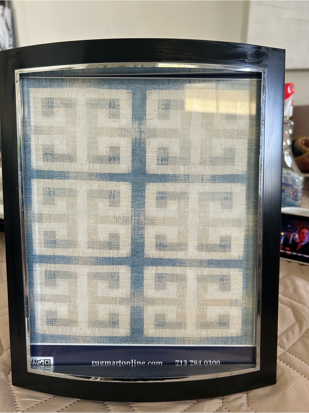 Framed Geometric Fabric Wall Accent in Blue and Cream